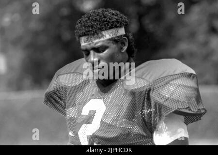 Deion Sanders at Florida State University in Tallahassee, Florida, c1988, where he played under head coach Bobby Bowden. Sanders, sometimes referred to as 'Prime Time' or 'Neon Deion', would later be inducted into the College Football Hall of Fame and the Pro Football Hall of Fame. A multi-sport athlete, he played for multiple teams in the National Football League (NFL) and Major League Baseball (MLB). Stock Photo