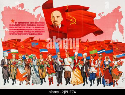 Soviet Propaganda (1972). Russian Poster feat Russian flag (Hammer and sickle) and Soviet leader Vladmir Lenin. Stock Photo