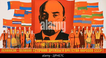 Soviet Propaganda (1979). Russian Poster feat. Vladimir Lenin - Hammer and sickle flags. Stock Photo