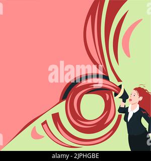 Female Leader Making Statement. Woman Wearing Formal Attire Holds Megaphone Giant Speech Balloon. Lady Expressing Success And Encouragement. Activist Stock Vector
