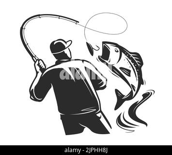 Fisher with spinning rod caught big fish. Fishing sport logo or emblem. Vector illustration isolated Stock Vector