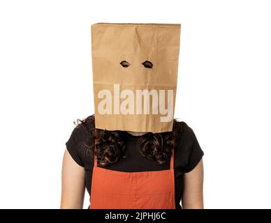 Young woman wearing paper bag over her head