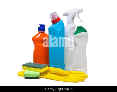 Household cleaning products with sponge and gloves isolated on a white background. Colorful plastic bottles product mockup. Stock Photo