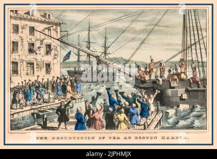 Vintage illustration colour etching of Destruction of Tea at Boston Harbor USA The Boston Tea Party. Vintage illustration features the Boston Tea Party, a political protest that occurred on December 16, 1773, at Griffin’s Wharf in Boston, Massachusetts. American colonists, frustrated and angry at Britain for imposing “taxation without representation,” dumped 342 chests of British tea into the harbor. The event was the first major act of defiance to British rule over the colonists and a significant event that led to the American Revolution. Stock Photo