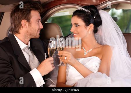 happy, champagne, limousine, toast, bridal couple, happies, champagner, champagnes, limo, limos, limousines, toasts, bridal couples Stock Photo