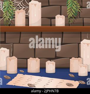 Vector burning candles with dripping or flowing wax. Flat candles with golden flame. Lit and melted wax. Illustration of beautiful glowing candles on Stock Vector