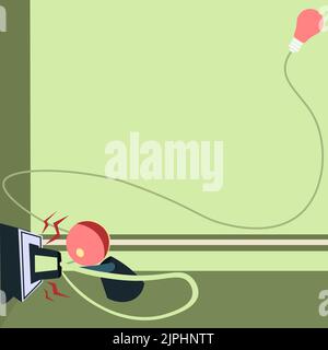 Robot Drawing Fixing Socket With Lightbulb In Corner. Robotic Man Taking Care Of Plug With Glowing Bulb On Side And Presenting Important Message. Stock Vector