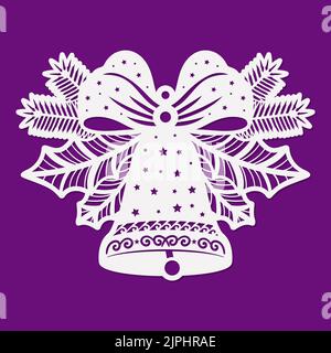 Christmas bell with a bow, spruce and holly branches. Template for laser cutting of any materials. For the design of Christmas and New Year cards, Chr Stock Vector