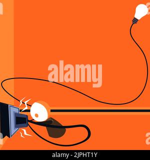Robot Drawing Fixing Socket With Lightbulb In Corner. Robotic Man Taking Care Of Plug With Glowing Bulb On Side And Presenting Important Message. Stock Vector