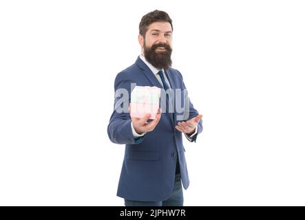 nice purchase. businessman in formal suit on party. boxing day. Delivery company business. success and reward. bearded man hold valentines present Stock Photo