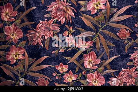 Texture wallpaper background with tropic plants, red flowers and leaves on a darc background. Stock Photo