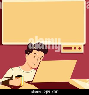 Man Holding Cup, Looking On Lap Top And Presenting Important News On Tv Behind. Boy Having Mug In Hand, Staring On Computer And Showing Crutial Stock Vector