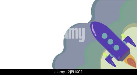 Rocket Taking Off Leaving Fire Behind And Presenting Important Message. Spacecraft Flying In Sky And Showing Crutial Informations. New Ideas Presented Stock Vector