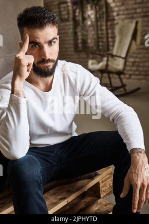 man, home, pensive, guy, men, homes, pensives Stock Photo