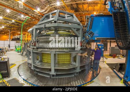 Kennedy Space Center, Florida, USA. 13th Jan, 2016. NASA's Orion spacecraft is another step closer to launching on its first mission to deep space atop the agency's Space Launch System (SLS) rocket. On Jan. 13, 2016, technicians at Michoud Assembly Facility in New Orleans finished welding together the primary structure of the Orion spacecraft destined for deep space, marking another important step on the journey to Mars. Welding Orion's seven large aluminum pieces, which began in September 2015, involved a meticulous process. Engineers prepared and outfitted each element with strain gauges Stock Photo