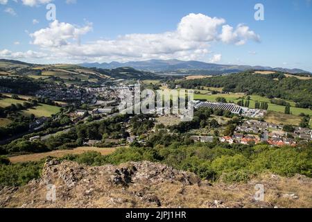 A view of the A55 North Wales Expressway road viewed from Bryn Euryn as it passes through Mochdre Town on the way to Conwy and Anglesey Stock Photo