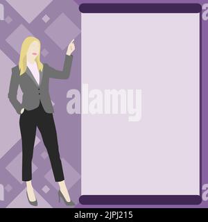 Businesslady Pointing Finger Empty Drawboard Representing Planning Future Projects. Woman Points Blank Board Demonstrating Latest Plan Newest Stock Vector