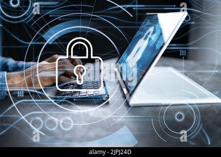 Computer Cyber Security. Digital Information Lock Icon Stock Photo