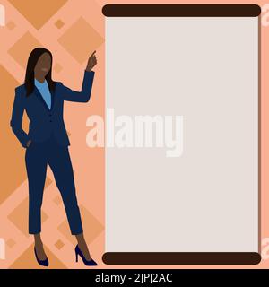 Businesslady Pointing Finger Empty Drawboard Representing Planning Future Projects. Woman Points Blank Board Demonstrating Latest Plan Newest Stock Vector