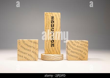 Education written on wooden surface.Education and study. Stock Photo