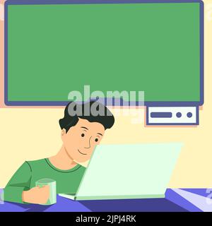 Man Holding Cup, Looking On Lap Top And Presenting Important News On Tv Behind. Boy Having Mug In Hand, Staring On Computer And Showing Crutial Stock Vector