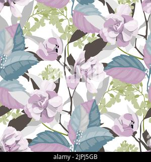 Vector floral seamless pattern in pastel colors. Pale lilac, light olive, pale turquoise flowers, twigs and leaves on a white background. Stock Vector
