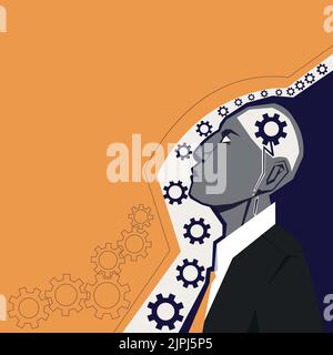 Creative Minds Combining Ideas Creating Innovative Strategies Displaying Teamwork. Heads With Cogwheels Representing Combined Effort Producing Stock Vector
