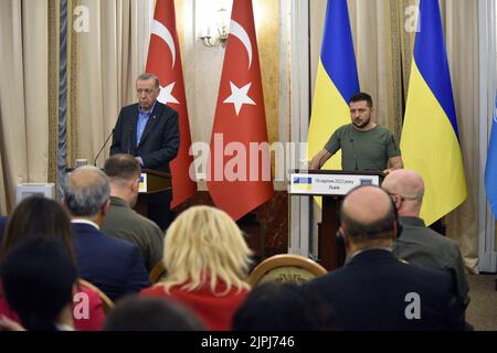 LVIV, UKRAINE - AUGUST 18, 2022 - President of the Republic of Turkiye Recep Tayyip Erdogan and President of Ukraine Volodymyr Zelenskyy (L to R) are Stock Photo