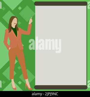 Businesslady Pointing Finger Empty Drawboard Representing Planning Future Projects. Woman Points Blank Board Demonstrating Latest Plan Newest Stock Vector