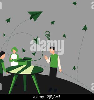 Colleagues Thinking New Innovative Ideas Around Table. Three People Discussing Recent Updates. Executives Reasoning Current Original Data Over Desk. Stock Vector