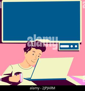 Man Holding Cup, Looking On Lap Top And Presenting Important News On Tv Behind. Boy Having Mug In Hand, Staring On Computer And Showing Crutial Stock Vector