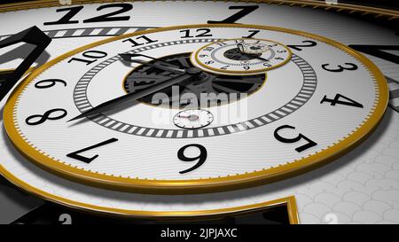 Surreal round clock with exposed metal gears, white background with gray pattern and golden edges that repeats endlessly one inside the other. 3D Illu Stock Photo