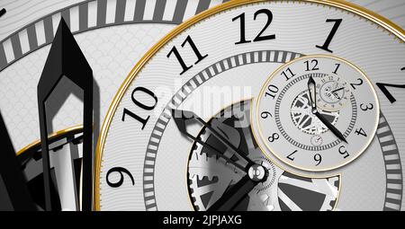 Surreal round clock with exposed metal gears, white background with gray pattern and golden edges that repeats endlessly one inside the other. 3D Illu Stock Photo