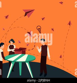 Colleagues Thinking New Innovative Ideas Around Table. Three People Discussing Recent Updates. Executives Reasoning Current Original Data Over Desk. Stock Vector