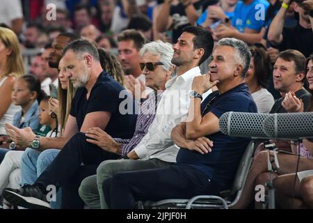 Ljubjlana, Slovenia. 17th Aug, 2022. Novak Djokovic (2nd R) reacts during the International Friendly basketball between Slovenia and Serbia at Arena Stozice. Credit: SOPA Images Limited/Alamy Live News Stock Photo