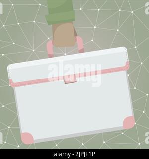 Hand In Shirt Sleeve Holding Briefcase On Colorfull Network Pattern Background. Student Hanging Schoolbag With Buckle, Closeup. Business Concept. Stock Vector
