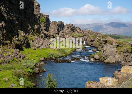 Bláskógabyggð, Iceland - July 2, 2022 Landscape view of the Drowning Pool or Drekkingarhylur, located in Þingvellir (Thingvellir) National Park, locat Stock Photo