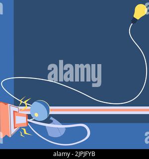 Robot Drawing Fixing Socket With Lightbulb In Corner. Robotic Man Taking Care Of Plug With Glowing Bulb On Side And Presenting Important Message. Stock Vector