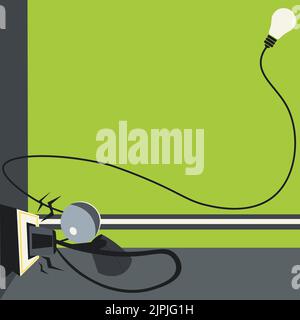 Robot Drawing Fixing Socket With Lightbulb In Corner. Robotic Man Taking Care Of Plug With Glowing Bulb On Side And Presenting Important Message. Stock Vector