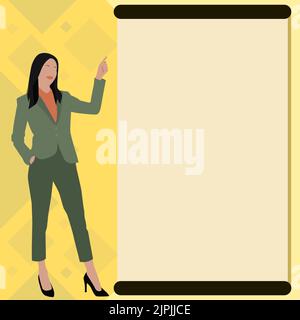 Businesslady Pointing Finger Empty Drawboard Representing Planning Future Projects. Woman Points Blank Board Demonstrating Latest Plan Newest Stock Vector