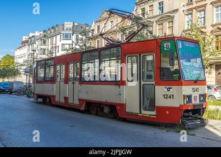 An old red tram in the museum in Gdansk, Poland Stock Photo