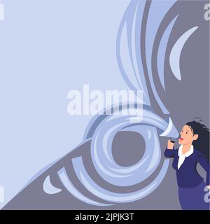 Female Leader Making Statement. Woman Wearing Formal Attire Holds Megaphone Giant Speech Balloon. Lady Expressing Success And Encouragement. Activist Stock Vector