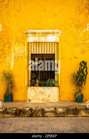 Typical old yellow house at the magical town of Izamal in Yucatan Stock Photo