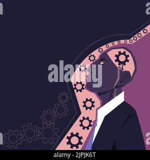 Creative Minds Combining Ideas Creating Innovative Strategies Displaying Teamwork. Heads With Cogwheels Representing Combined Effort Producing Stock Vector