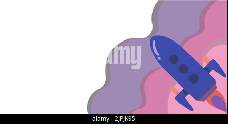 Rocket Taking Off Leaving Fire Behind And Presenting Important Message. Spacecraft Flying In Sky And Showing Crutial Informations. New Ideas Presented Stock Vector