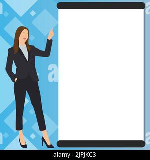 Businesslady Pointing Finger Empty Drawboard Representing Planning Future Projects. Woman Points Blank Board Demonstrating Latest Plan Newest Stock Vector