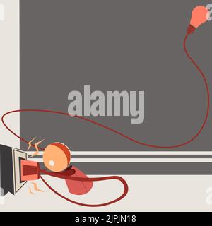 Robot Drawing Fixing Socket With Lightbulb In Corner. Robotic Man Taking Care Of Plug With Glowing Bulb On Side And Presenting Important Message. Stock Vector