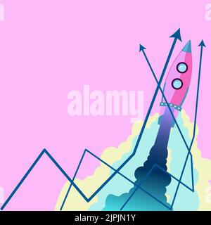 Rocket Taking Off Leaving Fire Behind And Presenting Important Message. Spacecraft Flying In Sky And Showing Crutial Informations. New Ideas Presented Stock Vector