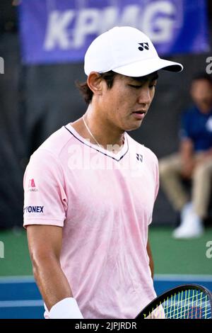 West Vancouver, Canada. 16th Aug, 2022. West Vancouver, British Columbia, Canada, August 16th 2022 Yoshihito Nishioka (Japan) during the Odlum Brown VanOpen tennis tournament first round match on August 16, 2022 at Hollyburn Country Club in West Vancouver, BC, Canada. (Amy Elle/SPP) Credit: SPP Sport Press Photo. /Alamy Live News Stock Photo