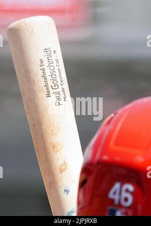 St. Louis, United States. 18th Aug, 2022. St. Louis Cardinals Paul Goldschmidt waits with his bat in the second inning against the Colorado Rockies at Busch Stadium in St. Louis on Thursday, August 18, 2022.St. Louis defeated Colorado 13-0. Photo by Bill Greenblatt/UPI Credit: UPI/Alamy Live News Stock Photo